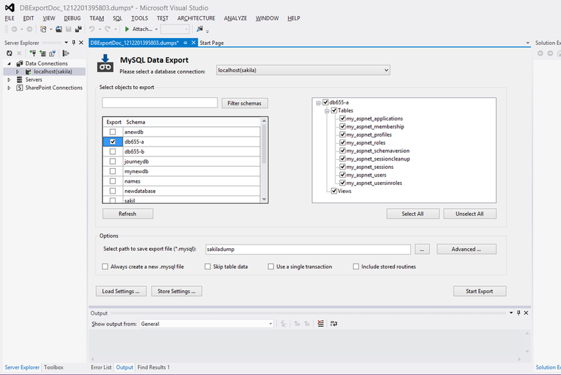 Screen capture for MySQL for Visual Studio
Data Export Tool: Selecting a Database